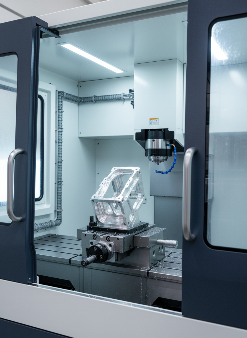 The interior of a high-end CNC machining cell, captured from just outside the open machine door. A polished aluminum aerospace component is rigidly clamped in a 5-axis vise on the table, its complex curves and pockets freshly milled, still showing faint coolant residue. The machine enclosure is spotless white with clear polycarbonate panels, and neatly routed coolant and air lines. Bright, cool LED task lighting inside the enclosure casts sharp highlights on the aluminum surfaces and creates fine shadows in tight radii, revealing superb surface finish. The camera angle looks slightly downward toward the part, with the spindle head parked in the background. The mood is highly technical and precise, with photographic realism emphasizing cutting-edge manufacturing capability and process control.