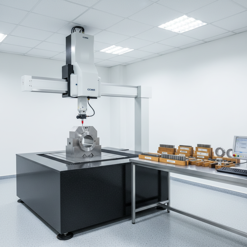 An ultra-clean precision metrology lab featuring a large coordinate measuring machine on a vibration-isolated granite base. At the center of the scene lies a complex ground steel component, with mirror-like faces and precisely honed edges, positioned beneath a slender probing head equipped with a ruby stylus. The surrounding environment is orderly: neatly labeled gauge blocks, ring gauges, and a digital readout terminal on an adjacent bench. Cool, even overhead lighting produces minimal shadows, ensuring every edge and surface is clearly visible, suggesting exacting measurement conditions. Captured from a slightly elevated angle using sharp focus throughout, the composition balances the CMM structure on one side and the measuring accessories on the other. The mood is calm, rigorous, and analytical, with photographic realism that conveys trust in dimensional accuracy and quality assurance.