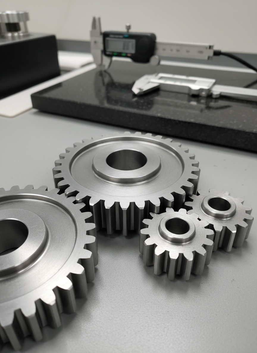 A meticulously machined titanium gear assembly resting on a clean, matte grey engineering workstation. Each tooth of the gear shows fine, concentric tool marks from precision CNC machining, with edges perfectly chamfered and surfaces exhibiting a subtle metallic sheen. In the background, slightly out of focus, lie calipers, a micrometer, and a digital height gauge on a granite surface plate. Cool, diffused overhead workshop lighting creates crisp reflections along the gear’s profiles, emphasizing accuracy and surface finish. Shot at eye level with a shallow depth of field, the composition centers the main gear while secondary components form a soft bokeh. The mood is professional, precise, and methodical, with photographic realism and a clean, modern engineering aesthetic that suits an expert precision manufacturing blog.